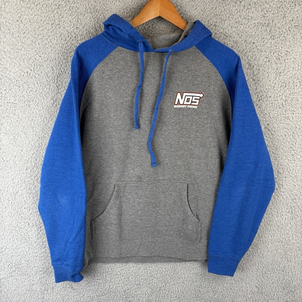 NOS Energy Drink Hoodie Sweatshirt Mens Large Gray Blue Double Sided Graphic